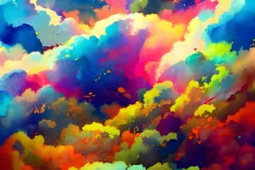 Obraz na płótnie Canvas I am looking at a beautiful painting of colorful clouds. The artist has used watercolors to create this work of art, and it is truly stunning. The blue sky is filled with fluffy white clouds, and the 