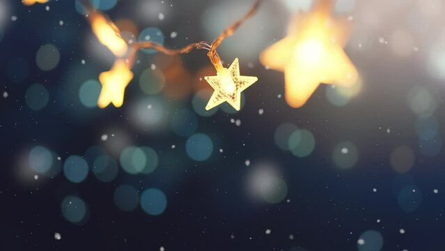 Christmas stars lights with falling snow, snowflakes, Winter and new year holidays