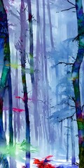 In this picture, a colorful winter forest is depicted in watercolor. The artist has used different shades of blue and green to create a cool and calming effect.