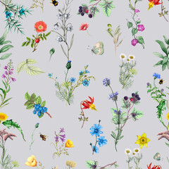 Obraz premium Botanical floral pattern of watercolor wildflowers and forest plants