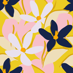 Seamless pattern with tropical flower, meadow wild flower on bright yellow background. Cute summer wallpaper. Vector illustration
