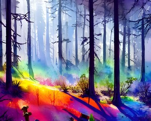 Fototapeta premium In this painting, a colorful winter forest is displayed in beautiful watercolor. The blues and greens of the trees contrast against the white of the snow, creating a serene and enchanting scene.
