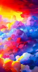 Fototapeta na wymiar I am looking at a beautiful painting of clouds in watercolor. The sky is filled with different shades of pink, orange, and purple, and the clouds are fluffy and white. The artist has used light and co