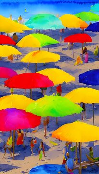 The sun is shining and the waves are crashing against the shore. The beach umbrellas are vibrantly colored, and the watercolor painting has a beautiful lightness to it.