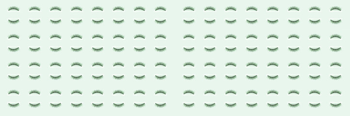 Pavers on green background. Female cosmetics. Extension and lengthening of eyelashes. Banner. Pattern.