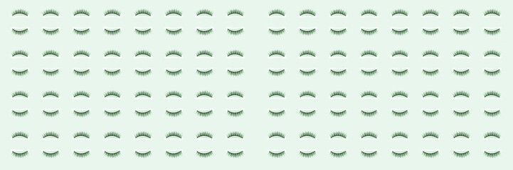 Pavers on green background. Female cosmetics. Extension and lengthening of eyelashes. Banner. Pattern.