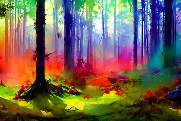 This watercolor painting is of a colorful forest. The leaves on the trees are shades of green, yellow, and orange. The sunlight shining through the trees creates a beautiful scene.