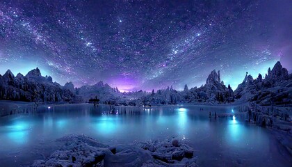 Paysage avec lac, couleurs bleues et violettes, lumière du nord dans le ciel