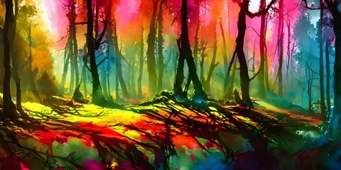 I am looking at a beautiful watercolor painting of a forest. The trees are different colors, and the leaves are falling gently to the ground. The light is shining through the branches, and I can see l