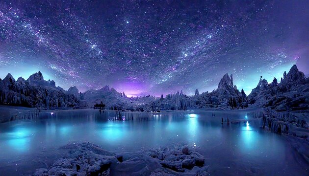 Landscape with lake, blue and violet colors, northern light in the sky