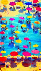 The sun is shining and the waves are crashing on the shore. The beach umbrellas add a splash of color to the scene.