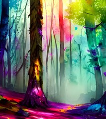 In this forest watercolor, the colors are very bold and vibrant. The leaves on the trees are a bright green, and the sky is a deep blue. There is also a small waterfall in the center of the painting t