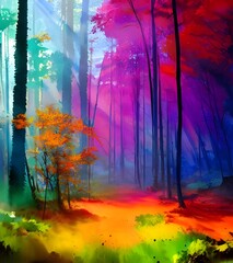 This is a beautiful watercolor painting of a colorful forest. The trees are different shades of green, and the leaves are falling off the branches. There is a stream running through the woods, and it'