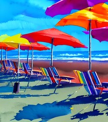 The sun is shining and the air is warm. The waves crash against the shore, and people are relaxing under colorful beach umbrellas.
