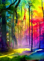 I am looking at a beautiful watercolor painting of a forest scene. The colors are very vibrant, and the artist has captured the light shining through the trees perfectly. I can see every little detail