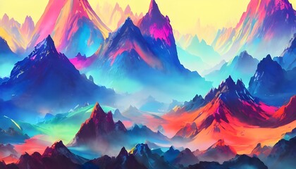 I see a beautiful landscape of mountains that are painted in different shades of blue, purple, and pink. The sky is a light orange color, and there are trees dotting the mountains. This looks like it 