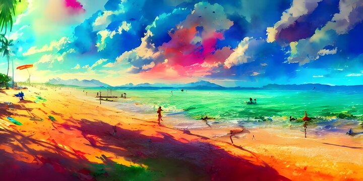 A beautiful, blue ocean is accented with brightly-colored swirls of paint. The sun reflects off the water and casts a warm glow on the painting.