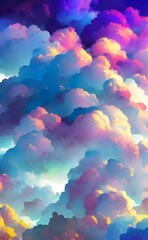 I am looking at a watercolor painting of some clouds. They are very fluffy and white, and there are streaks of color in them. The background is blue, but it is light and airy. This painting makes me f