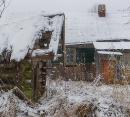 The beginning of winter in the Russian village. Vepsian Forest