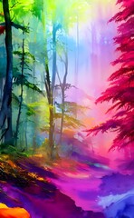 A colorful forest watercolor paints a scene of tall trees with green leaves, a blue sky, and a stream running through the center. The colors are bright and cheerful, making it a pleasant image to look