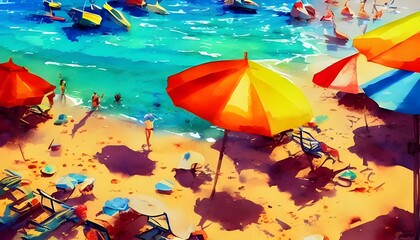 This is a beautiful picture of colorful watercolor on the beach. The colors are so bright and vibrant, they almost seem to be glowing. The blue ocean water looks refreshing and serene, while the sand 