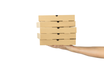 Hand holding pizza boxes.