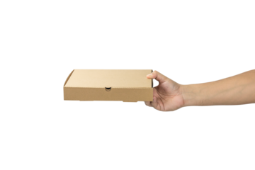 Hand holding pizza box.