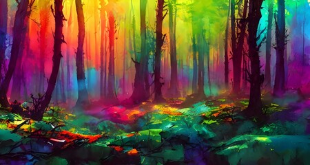 Vibrant greens, electric blues, and warm yellows dance on the paper, forming a lush forest landscape. The colors seem to radiate off the page, creating an inviting scene that begs to be explored.