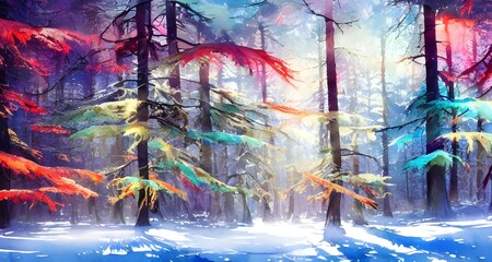 Fototapeta na wymiar I see a colorful winter forest watercolor. The trees are different shades of green, blue, and purple. The sky is a light blue color and the ground is covered in snow.