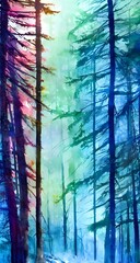 I am looking at a beautiful winter forest landscape. The colors are very saturated and deep, giving the painting an ethereal quality. I can see hints of blue and purple in the shadows of the trees, wh