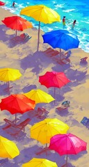 The sun is shining down on the brightly colored umbrellas that line the beach. The water looks like a beautiful blue painting, and the sand is white and pristine.