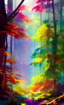 The colors in the forest watercolor are so vibrant and beautiful. The trees are a deep green, the sky is a bright blue, and the water is a light aqua color. It's such a peaceful scene.