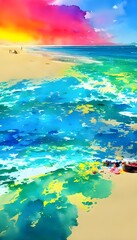 The colors in the water are so bright and beautiful. The sun is shining and reflecting off of the waves. The sand is a soft, light color.