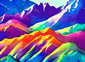 The painting is of mountains in different shades of blue, green, and purple. The sky above the mountains is a bright orange, pink, and yellow. The sun is just visible over the top of the mountain rang
