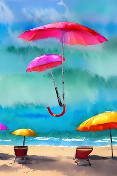 The umbrellas are brightly colored and they stand out against the aqua-colored water in the background. The sun is shining, making everything look even more beautiful.