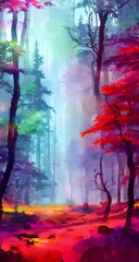 The colors in the forest watercolor are so beautiful and vibrant. The different shades of green pop against each other and make the painting come to life. There is a light blue hue throughoutthe sky, 