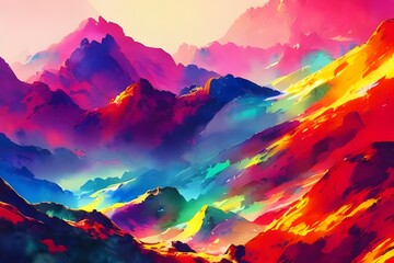 I see a beautiful watercolor painting of colorful mountains. The sky is a deep blue, and the sun is shining on the peaks of the mountains, making them glow in shades of orange, pink, and purple.