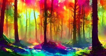 Fototapeta na wymiar In this painting, a riot of colors swirls and dances together to create an enchanted forest. Cool greens mix with fiery oranges and reds, while pale pinks and purples provide a delicate counterpoint. 