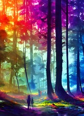 This watercolor painting is of a very colorful forest. The greens and blues in the trees are so vibrant, and the little bit of pink in the sky is beautiful. The light shining through the trees makes t