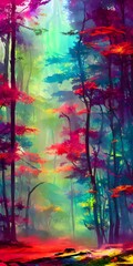 In this painting, a bursts of colors flow together to create a bright and beautiful forest. Thick trees stand tall and proud, while delicate flowers bloom at their feet. A river runs through the middl