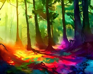 I am a watercolor painting of a forest scene. The colors in my leaves are very vibrant, and the sun is shining through the trees. I have little birds flying around, and you can hear them chirping. The