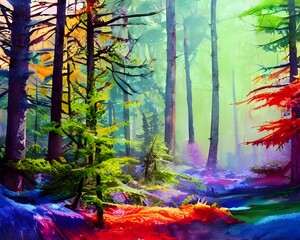 In this picture, a colorful winter forest watercolor is depicted. The leaves on the trees are different shades of orange, red, and yellow, and the snow on the ground is a pristine white. It's a beauti