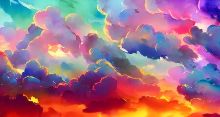 I am painting a picture of some colorful clouds. I start with a light blue sky and then add some white and grayish-blue clouds. I use my brush to make the paint look like it's in motion, creating swir - obrazy, fototapety, plakaty