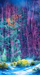 A beautiful and colorful winter forest watercolor. The colors are so bright and vibrant, it's like a scene from a fairy tale. There is a path through the woods with snow on the ground, and trees cover