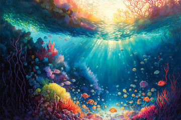 Digital illustration of underwater life, caribbean reef fishes. Sun rays through water, fantasy wallpaper. - obrazy, fototapety, plakaty