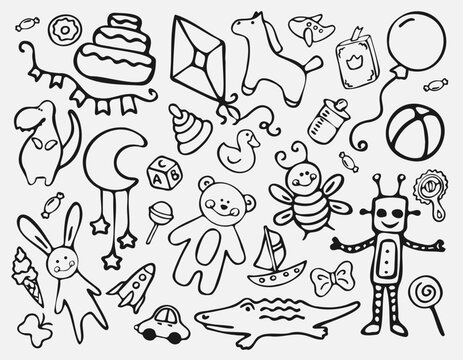 Children Toys doodle icon set. isolated toys.