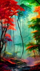 In this painting, a colorful forest is depicted with watercolor paints. The trees have been expertly blended together, creating a vivid and beautiful image. Every shade of green can be seen in the lea - obrazy, fototapety, plakaty