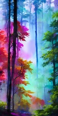 A colorful forest watercolor painting shows many different shades of green trees. There is a blue sky with some white clouds. In the center of the painting, there is a small river that flows through t