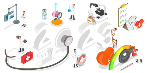 3D Isometric Flat  Conceptual Illustration of Healthcare And Medicine In New Year 2023