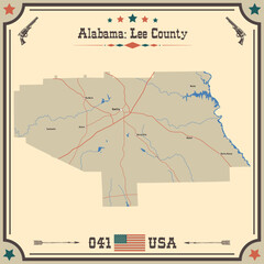 Large and accurate map of Lee county, Alabama, USA with vintage colors.